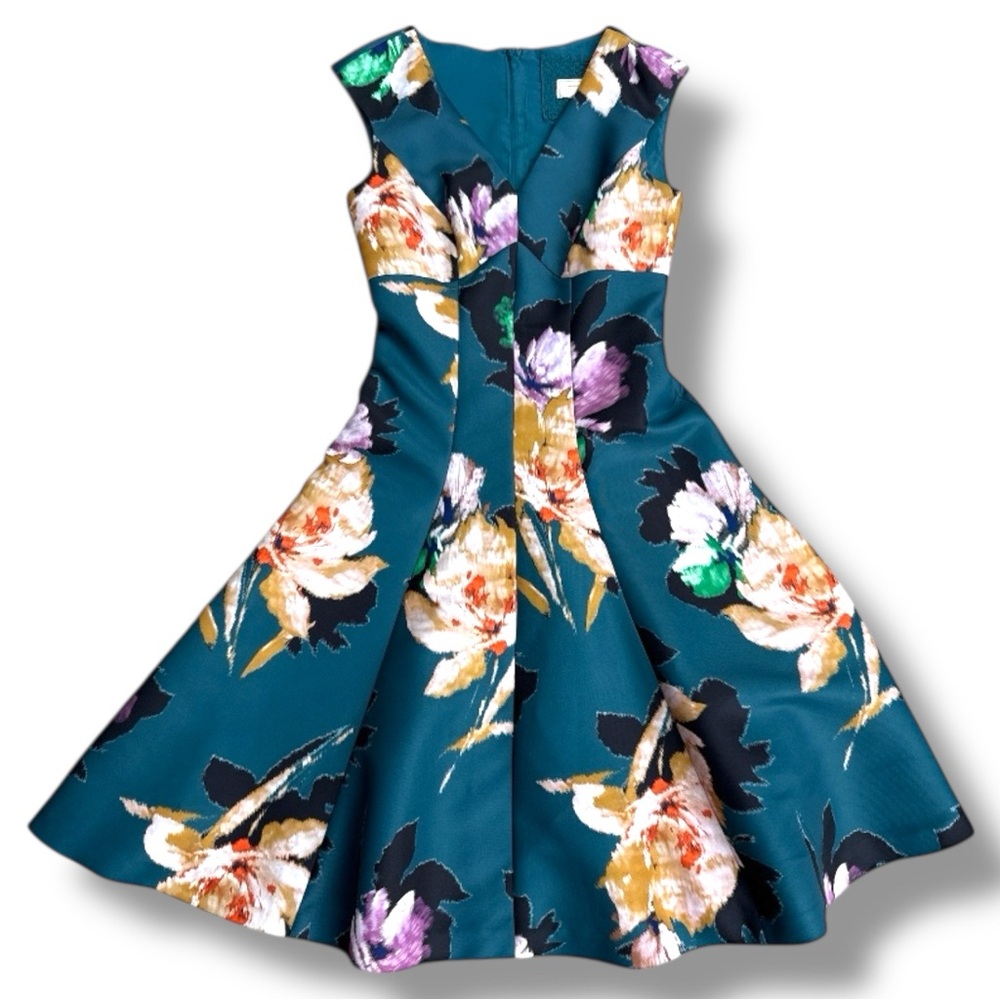 Anthropologie Moulinette Soeurs Baikal Teal Floral Tea Length Fit & Flare Size 2 - Picture 2 of 14